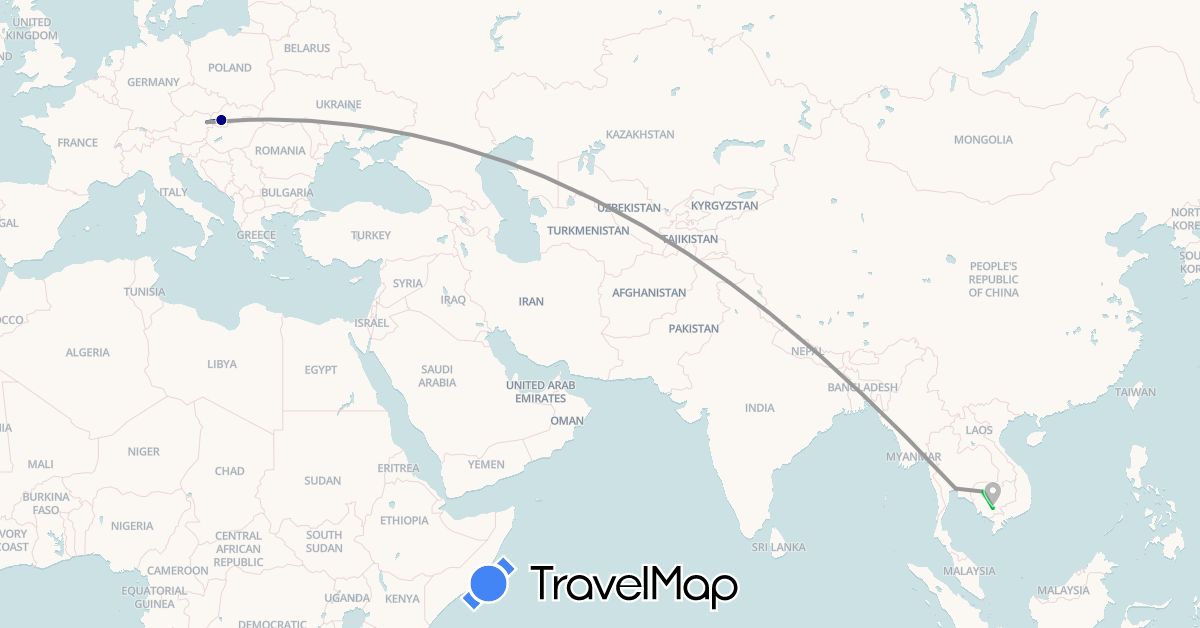 TravelMap itinerary: driving, bus, plane in Austria, Cambodia, Slovakia, Thailand (Asia, Europe)